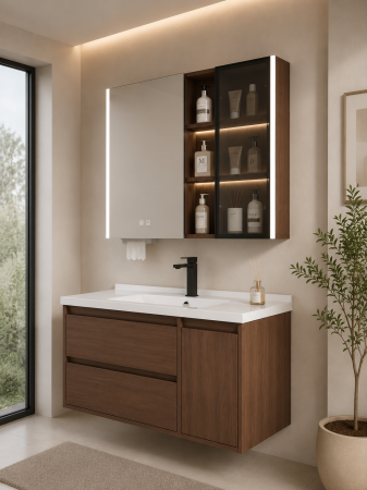 Set mobilier baie suspendat 100 cm cu lavoar și oglindă LED cu dulap – Nuc Închis - GGS195 [1]