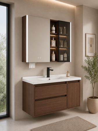 Set mobilier baie suspendat 100 cm cu lavoar și oglindă LED cu dulap – Nuc Închis - GGS195 [2]