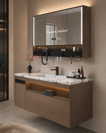 Set mobilier baie suspendat 100 cm cu lavoar și oglindă LED inteligentă cu dezaburire, ceas digital și dulap – GGS116 [1]