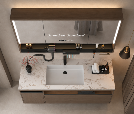 Set mobilier baie suspendat 100 cm cu lavoar și oglindă LED inteligentă cu dezaburire, ceas digital și dulap – GGS116 [3]