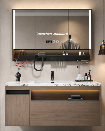 Mobilier baie - Set mobilier baie suspendat 100 cm cu lavoar și oglindă LED inteligentă cu dezaburire, ceas digital și dulap – GGS116