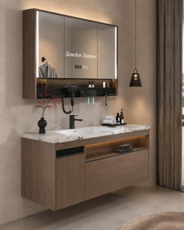 Set mobilier baie suspendat 100 cm cu lavoar și oglindă LED inteligentă cu dezaburire, ceas digital și dulap – GGS116 [2]