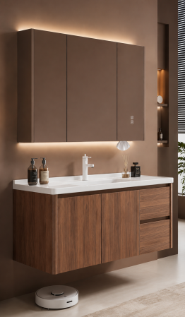 Set mobilier baie suspendat 100 cm cu lavoar și oglindă LED inteligentă cu dezaburire și dulap – GGS123 [2]