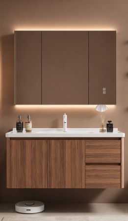 Mobilier baie - Set mobilier baie suspendat 100 cm cu lavoar și oglindă LED inteligentă cu dezaburire și dulap – GGS123