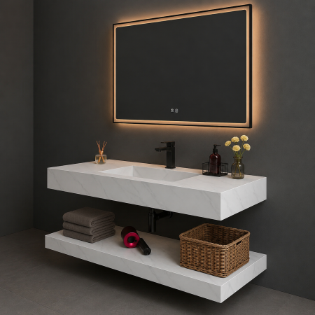 Set Mobilier Baie Suspendat 100 cm din Piatră Sinterizata cu Oglindă LED -  YB100-B [1]