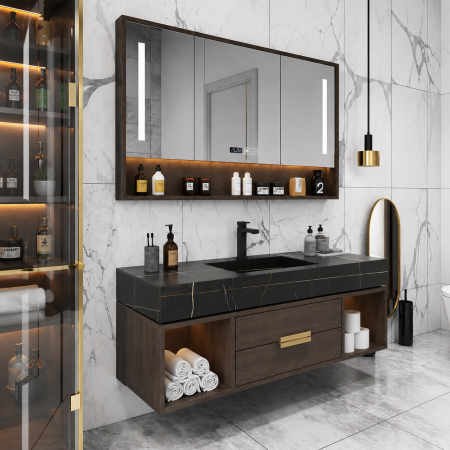 Set mobilier baie suspendat  100 cm lavoar și oglindă LED cu dulăpior - 2499 [3]