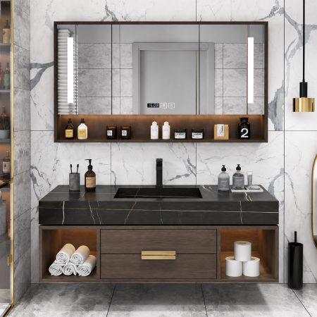 Set mobilier baie suspendat  100 cm lavoar și oglindă LED cu dulăpior - 2499 [1]