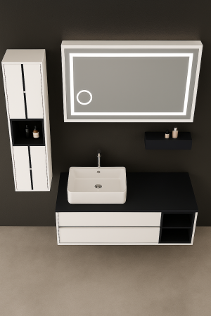 Set Mobilier Baie Suspendat  100CM –  Dulap lateral, Raft decorativ, Lavoar Ceramic și Oglindă LED 2826 [1]