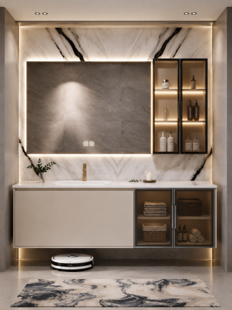 Mobilier baie - Set mobilier baie suspendat 120 cm cu lavoar din piatră sinterizată, oglindă LED și dulap lateral cu iluminare LED –  Mat GGS184
