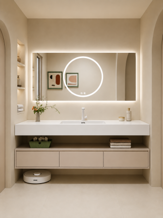 Mobilier baie - Set mobilier baie suspendat 120 cm cu lavoar  și oglindă LED cu funcție de dezaburire - GGS134
