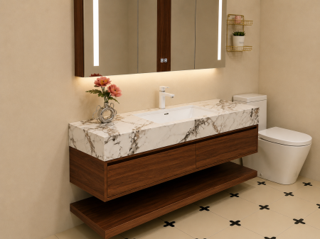 Set mobilier baie suspendat 120 cm cu lavoar din piatră sinterizată și oglindă LED cu funcție de dezaburire și dulap – Nuc Închis - GGS132 [2]