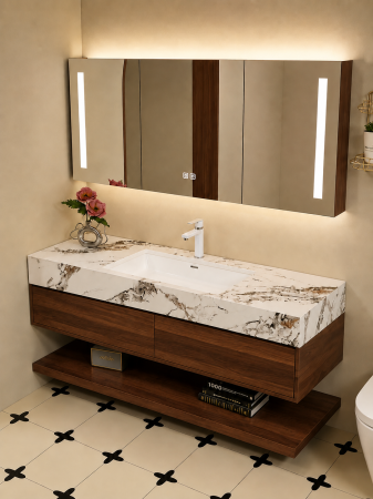 Set mobilier baie suspendat 120 cm cu lavoar din piatră sinterizată și oglindă LED cu funcție de dezaburire și dulap – Nuc Închis - GGS132 [1]