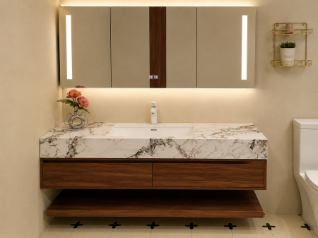 Baie - Set mobilier baie suspendat 120 cm cu lavoar din piatră sinterizată și oglindă LED cu funcție de dezaburire și dulap – Nuc Închis - GGS132