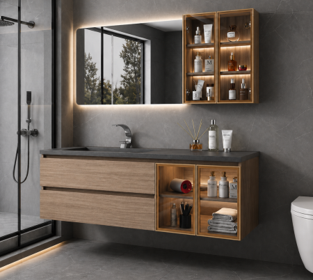 Set Mobilier Baie Suspendat 120 cm cu Lavoar, Oglindă LED și Corp Suspendat LED - 2915 [1]