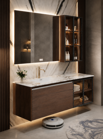 Set mobilier baie suspendat 120 cm cu lavoar, oglindă LED și dulap lateral – Nuc Închis - GGS187 [1]
