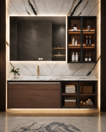 Mobilier baie - Set mobilier baie suspendat 120 cm cu lavoar, oglindă LED și dulap lateral – Nuc Închis - GGS187