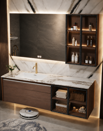 Set mobilier baie suspendat 120 cm cu lavoar, oglindă LED și dulap lateral – Nuc Închis - GGS187 [2]