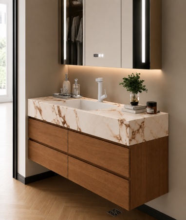 Set mobilier baie suspendat 120 cm cu lavoar și oglindă LED inteligentă cu dezaburire, ceas digital și dulap – GGS117 [2]