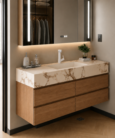 Set mobilier baie suspendat 120 cm cu lavoar și oglindă LED inteligentă cu dezaburire, ceas digital și dulap – GGS117 [1]