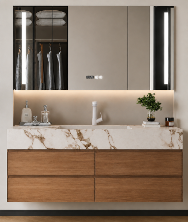 Baie - Set mobilier baie suspendat 120 cm cu lavoar și oglindă LED inteligentă cu dezaburire, ceas digital și dulap – GGS117