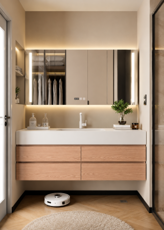 Baie - Set mobilier baie suspendat 120 cm cu lavoar și oglindă LED inteligentă cu dezaburire, ceas digital și dulap - GGS150