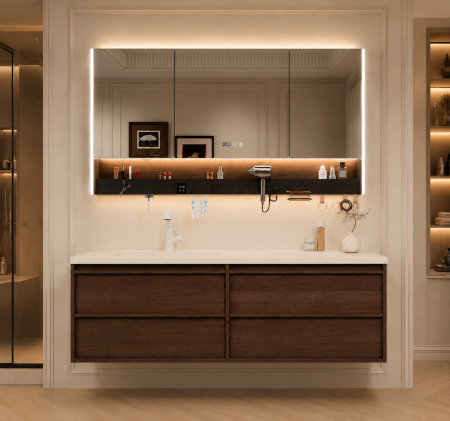 Mobilier baie - Set mobilier baie suspendat 120 cm cu lavoar și oglindă LED inteligentă cu dezaburire, ceas digital și dulap - GGS188
