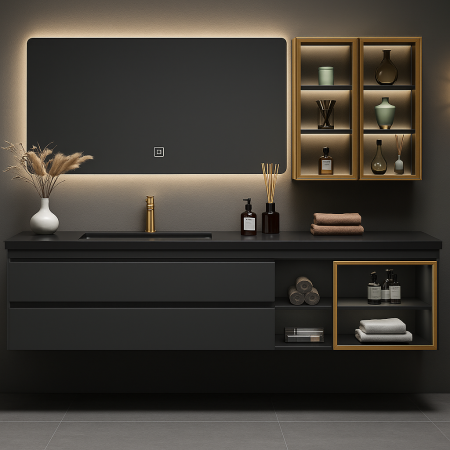 Mobilier baie - Set mobilier baie suspendat antracit 120 cm din lemn cu lavoar piatră&ceramică și oglindă LED cu dulap lateral - 2874