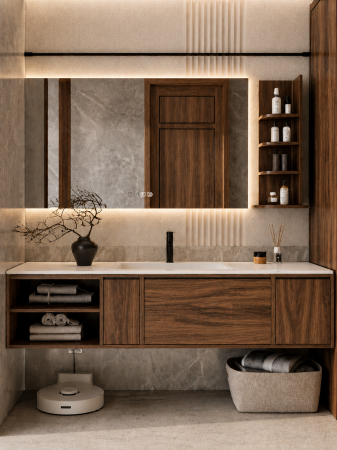 Mobilier baie - Set mobilier baie suspendat 150 cm cu lavoar din piatră compozită, oglindă LED cu funcție de dezaburire și raft lateral – Lemn stratificat- GGS153