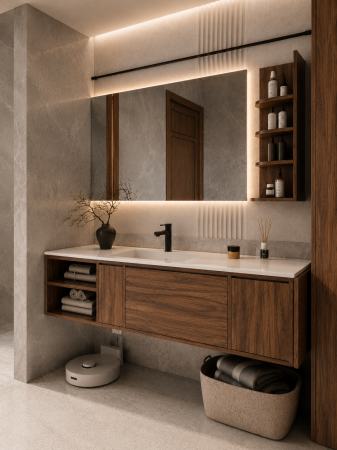 Set mobilier baie suspendat 150 cm cu lavoar din piatră compozită, oglindă LED cu funcție de dezaburire și raft lateral – Lemn stratificat- GGS153 [1]