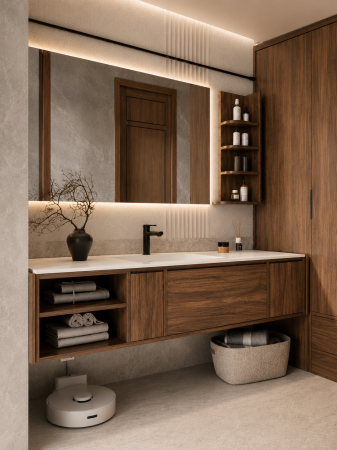 Set mobilier baie suspendat 150 cm cu lavoar din piatră compozită, oglindă LED cu funcție de dezaburire și raft lateral – Lemn stratificat- GGS153 [2]