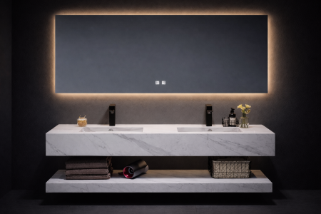 Mobilier baie - Set Mobilier Baie Suspendat Dublu 160 cm din Piatră Sinterizată cu Oglindă LED - YB160-B