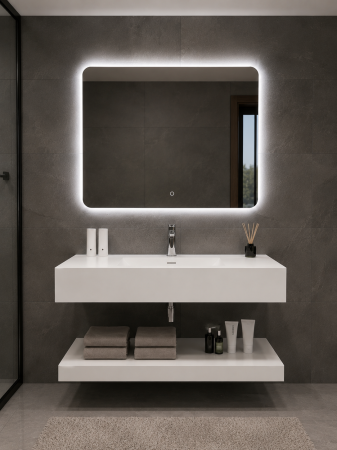 Mobilier baie - Set Mobilier Baie Suspendat 80 cm din Piatră Sinterizata cu Oglindă LED – RW8050-PW