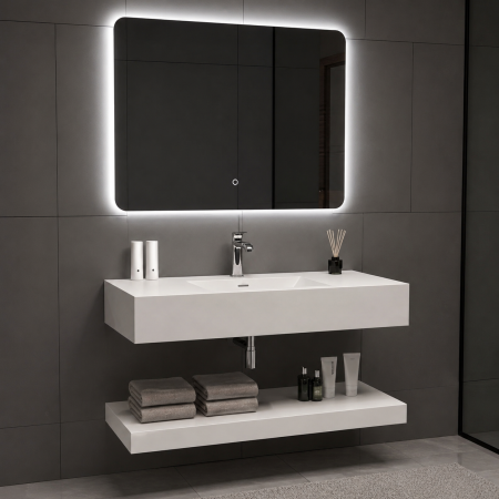 Set Mobilier Baie Suspendat 80 cm din Piatră Sinterizata cu Oglindă LED – RW8050-PW [1]