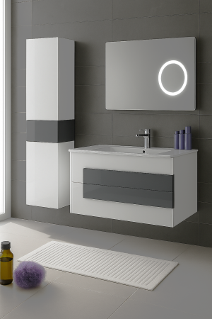 Set Mobilier Baie Suspendat 80 cm din PVC – cu Lavoar Ceramic, Coloană Laterală și Oglindă LED 2311 [2]
