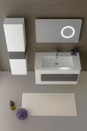Set Mobilier Baie Suspendat 80 cm din PVC – cu Lavoar Ceramic, Coloană Laterală și Oglindă LED 2311 [3]