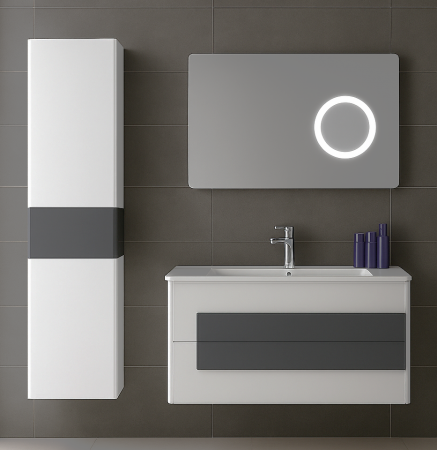 Mobilier baie - Set Mobilier Baie Suspendat 80 cm din PVC – cu Lavoar Ceramic, Coloană Laterală și Oglindă LED 2311