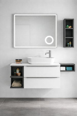 Set Mobilier Baie Suspendat 80 cm din PVC cu Lavoar Ceramic, Oglindă LED și Corp Suspendat - 2766 [1]