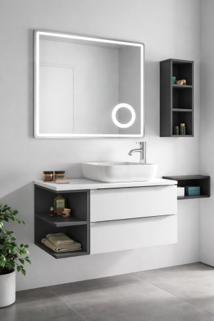 Mobilier baie - Set Mobilier Baie Suspendat 80 cm din PVC cu Lavoar Ceramic, Oglindă LED și Corp Suspendat - 2766