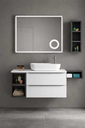 Mobilier baie - Set Mobilier Baie Suspendat 80 cm din PVC cu Lavoar Ceramic, Oglindă LED și Corp Suspendat - 2766