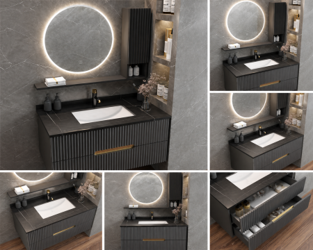 Set mobilier baie suspendat gri antracit 80 cm lavoar tip rock, oglindă LED si dulapior suspendat - 2910 [1]