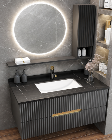 Mobilier baie - Set mobilier baie suspendat gri antracit 80 cm lavoar tip rock, oglindă LED si dulapior suspendat - 2910