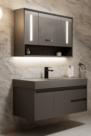 Set Mobilier Baie Suspendat 80 cm –  Oglindă LED cu dulap și Afișaj Digital 2806 [1]