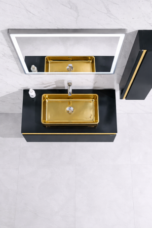 Set Mobilier Baie Suspendat 90 cm – Negru cu Accente Aurii, Lavoar Ceramic Auriu, Oglindă LED și Corp Suspendat 605B [2]