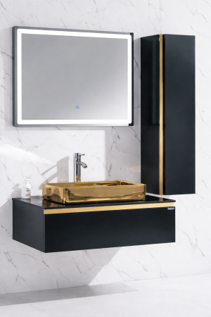 Mobilier baie - Set Mobilier Baie Suspendat 90 cm – Negru cu Accente Aurii, Lavoar Ceramic Auriu, Oglindă LED și Corp Suspendat 605B