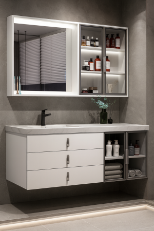 Mobilier - Set mobilier baie suspendat alb mat din PVC 120 cm cu lavoar și oglindă LED cu dulap  - 2970
