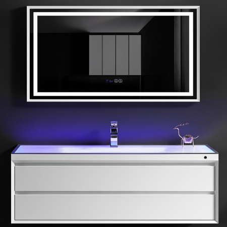 Baie - Set mobilier baie suspendat alb din PVC 120 cm cu lavoar din sticlă și oglindă LED - 2711