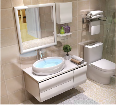 Mobilier baie - Set mobilier baie suspendat alb din PVC 90 cm cu lavoar ceramic, oglindă si dulap lateral - 1954