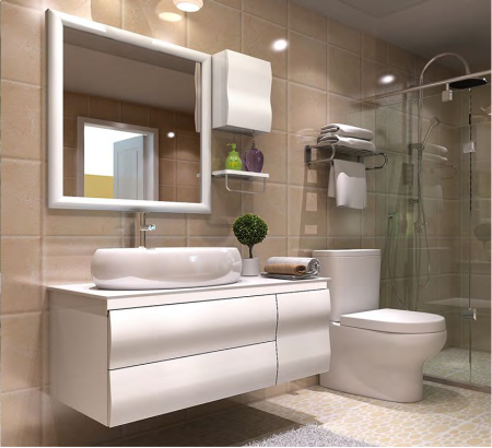 Set mobilier baie suspendat alb din PVC 90 cm cu lavoar ceramic, oglindă si dulap lateral - 1954 [1]