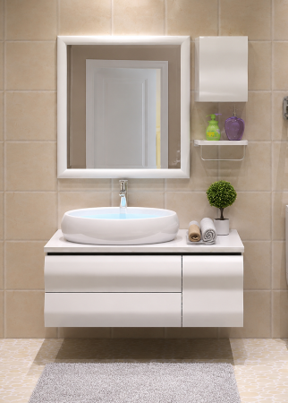 Mobilier baie - Set mobilier baie suspendat alb din PVC 90 cm cu lavoar ceramic, oglindă si dulap lateral - 1954
