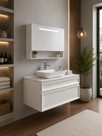 Set mobilier baie suspendat alb lucios din PVC 90 cm cu lavoar ceramic și oglindă LED cu dulap - 2936 [1]